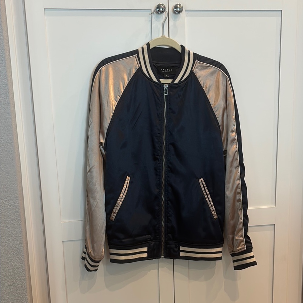 PacSun Black and Silver Varsity Bomber Jacket
